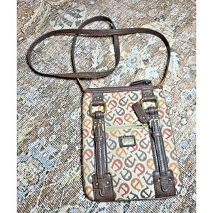 Vtg Etienne Aigner Canvas Leather Crossbody Bag Brown Tan Gold Hardware 9x8 Slim